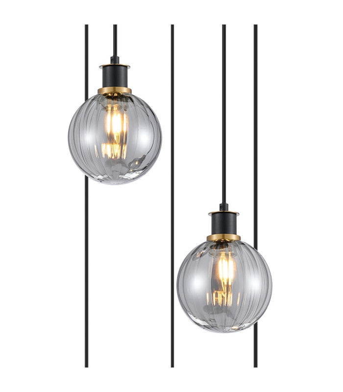Placid 48cm Round Pendant 5 Light E14 15cm Round Segment Glass Shade Brass Smoke Plated & Satin Black-6