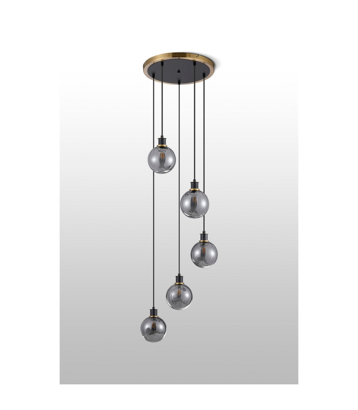 Placid 48cm Round Pendant 5 Light E14 15cm Round Segment Glass Shade Brass Smoke Plated & Satin Black-8