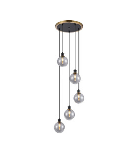 Placid 48cm Round Pendant 5 Light E14 15cm Round Glass Shade Brass Smoke Plated & Satin Black-1