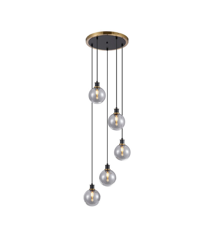 Placid 48cm Round Pendant 5 Light E14 15cm Round Glass Shade Brass Smoke Plated & Satin Black-1