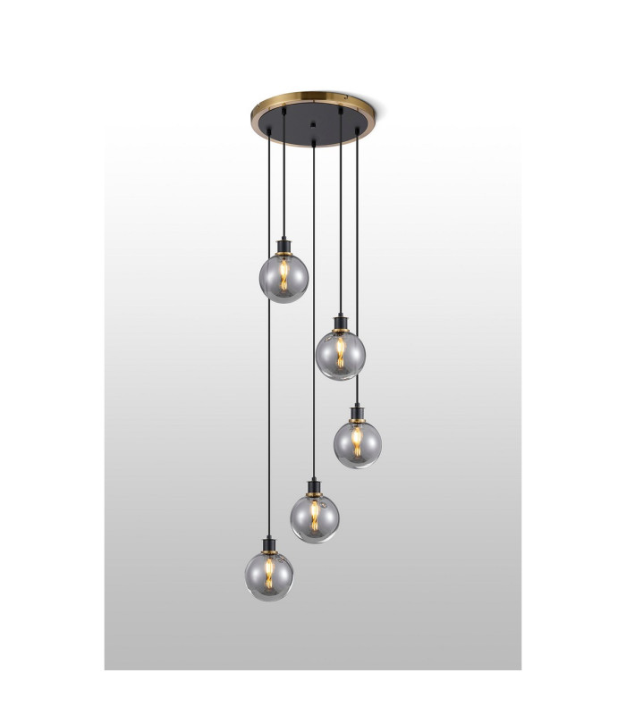 Placid 48cm Round Pendant 5 Light E14 15cm Round Glass Shade Brass Smoke Plated & Satin Black-3