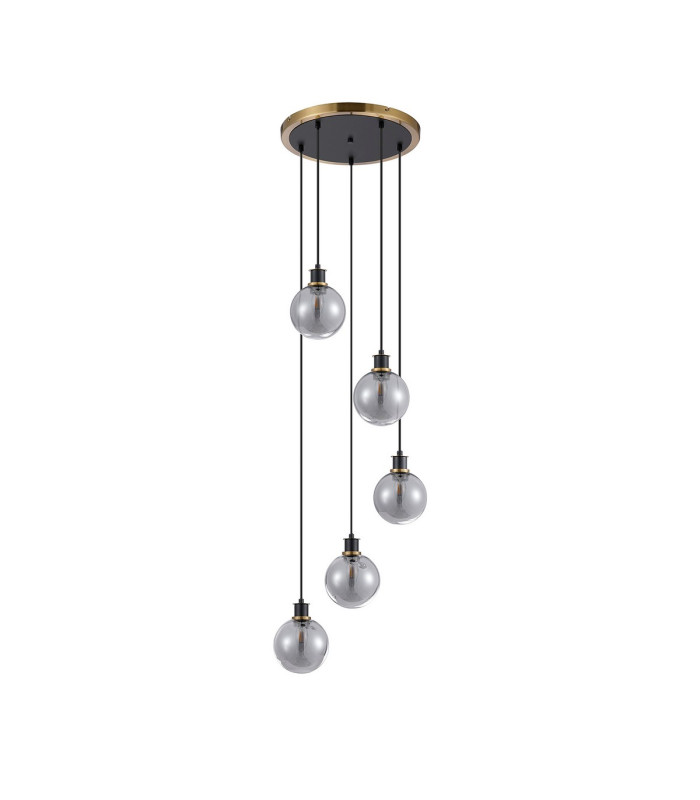 Placid 48cm Round Pendant 5 Light E14 15cm Round Glass Shade Brass Smoke Plated & Satin Black-4