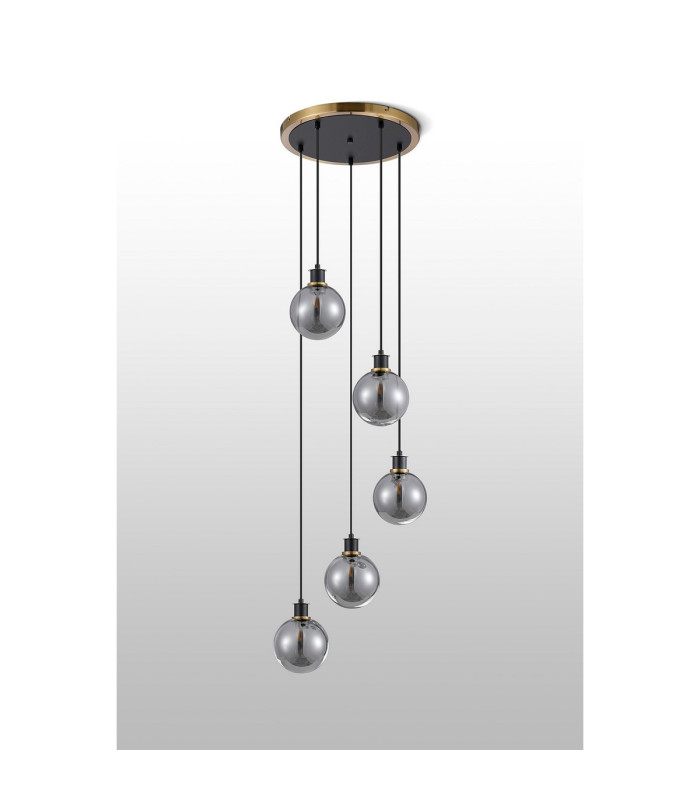 Placid 48cm Round Pendant 5 Light E14 15cm Round Glass Shade Brass Smoke Plated & Satin Black-8
