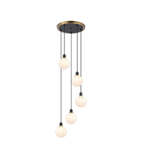 Placid 48cm Round Pendant 5 Light E14 15cm Round Speckled Glass Shade Brass White & Satin Black-1