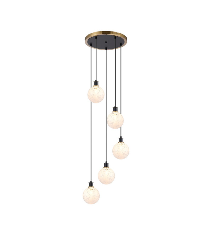 Placid 48cm Round Pendant 5 Light E14 15cm Round Speckled Glass Shade Brass White & Satin Black-1