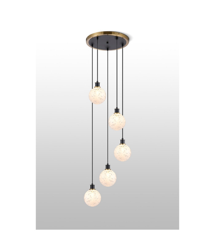 Placid 48cm Round Pendant 5 Light E14 15cm Round Speckled Glass Shade Brass White & Satin Black-3