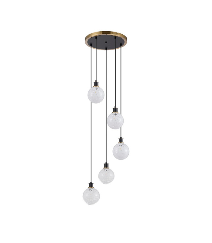 Placid 48cm Round Pendant 5 Light E14 15cm Round Speckled Glass Shade Brass White & Satin Black-4