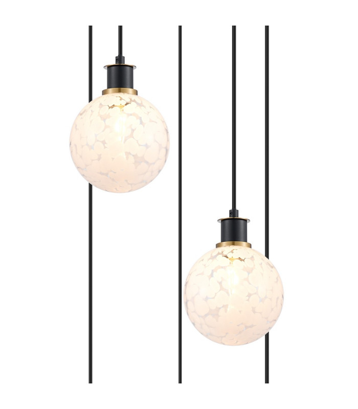 Placid 48cm Round Pendant 5 Light E14 15cm Round Speckled Glass Shade Brass White & Satin Black-6