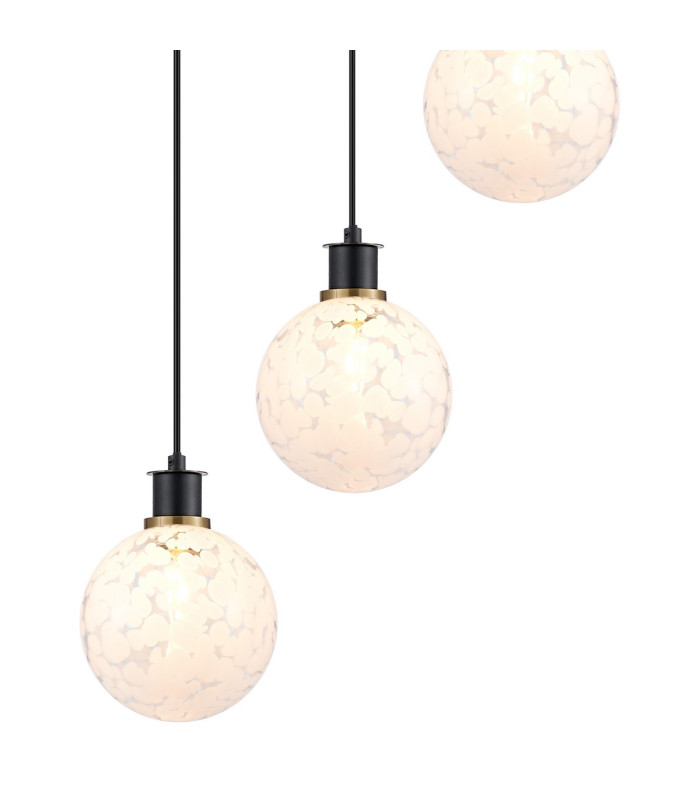 Placid 48cm Round Pendant 5 Light E14 15cm Round Speckled Glass Shade Brass White & Satin Black-7
