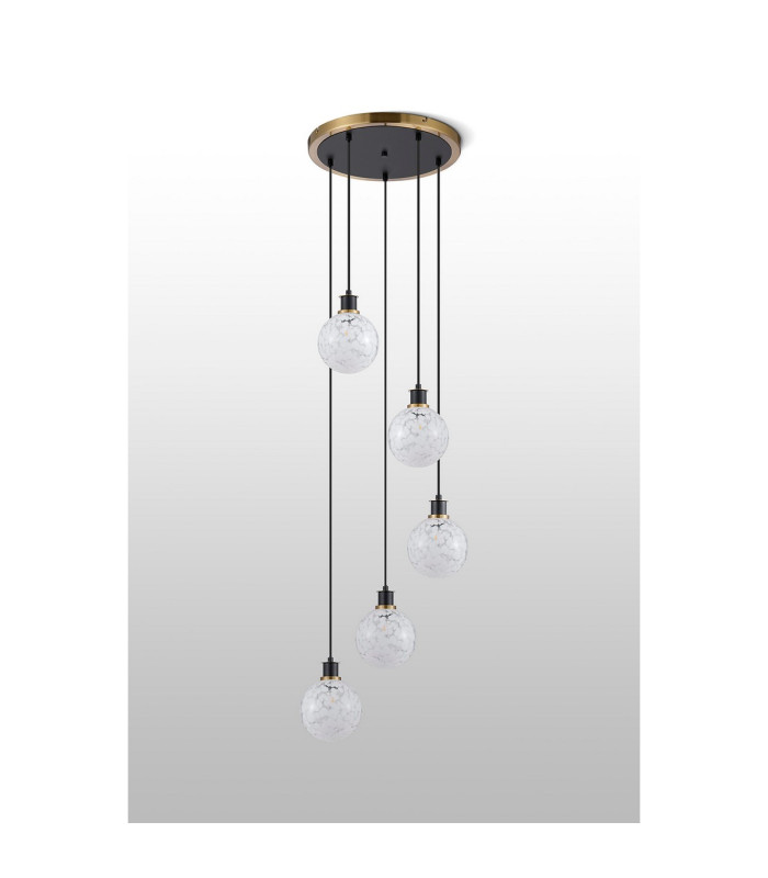 Placid 48cm Round Pendant 5 Light E14 15cm Round Speckled Glass Shade Brass White & Satin Black-8