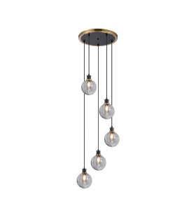 Placid 48cm Round Pendant 5 Light E14 15cm Round Textured Smooth / Ribbed Glass Shade Brass Smoke Plated & Satin Black-1