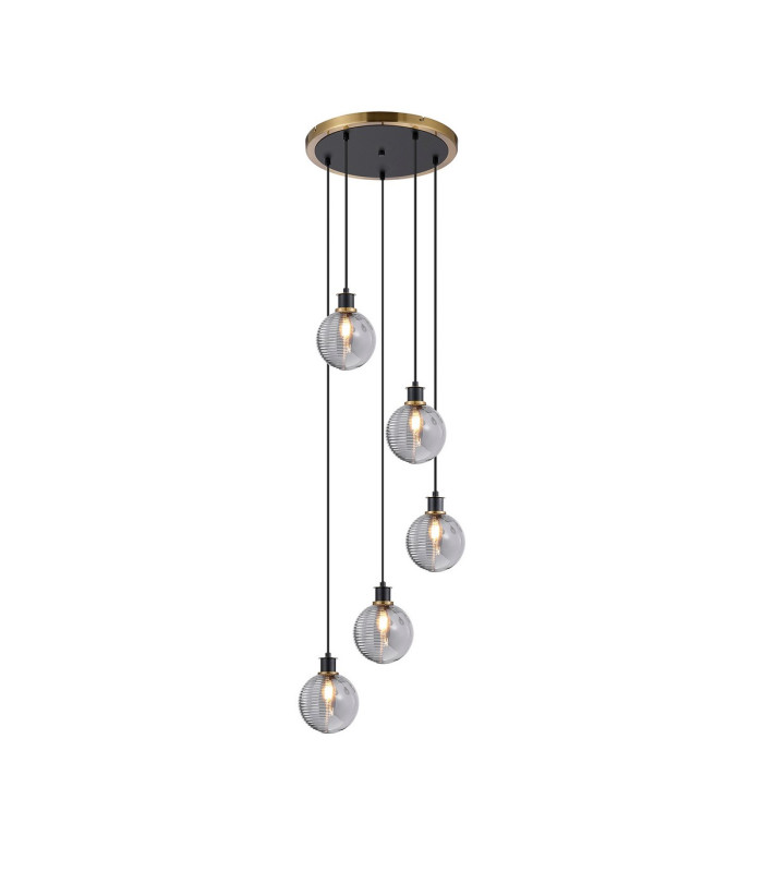 Placid 48cm Round Pendant 5 Light E14 15cm Round Textured Smooth / Ribbed Glass Shade Brass Smoke Plated & Satin Black-1