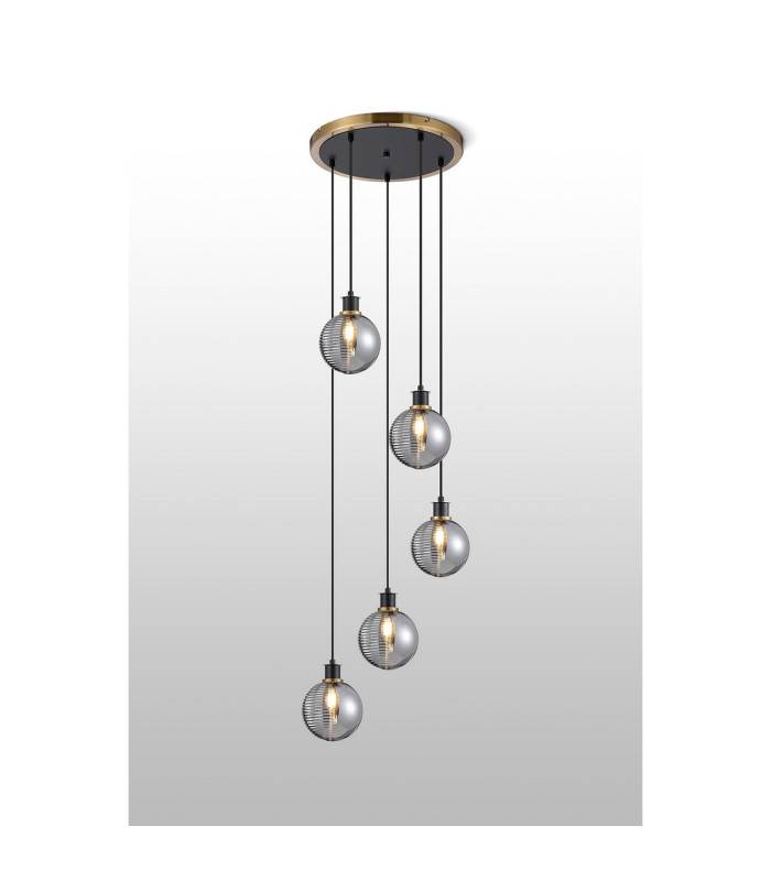 Placid 48cm Round Pendant 5 Light E14 15cm Round Textured Smooth / Ribbed Glass Shade Brass Smoke Plated & Satin Black-3