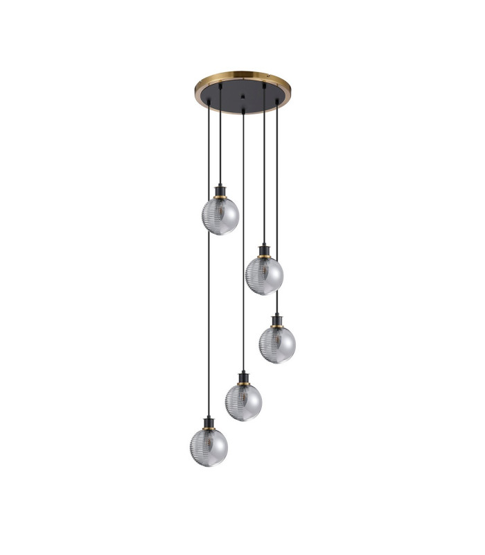 Placid 48cm Round Pendant 5 Light E14 15cm Round Textured Smooth / Ribbed Glass Shade Brass Smoke Plated & Satin Black-4