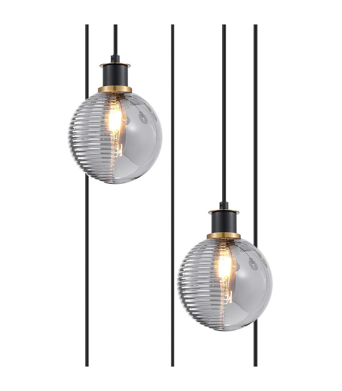 Placid 48cm Round Pendant 5 Light E14 15cm Round Textured Smooth / Ribbed Glass Shade Brass Smoke Plated & Satin Black-6