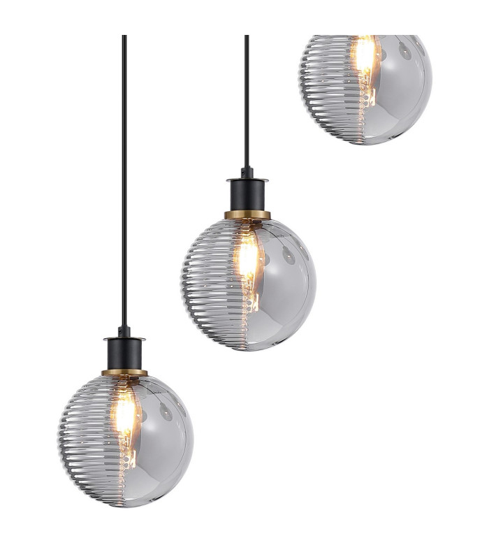 Placid 48cm Round Pendant 5 Light E14 15cm Round Textured Smooth / Ribbed Glass Shade Brass Smoke Plated & Satin Black-7