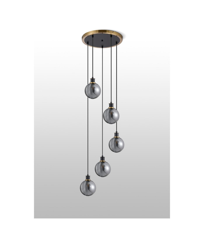 Placid 48cm Round Pendant 5 Light E14 15cm Round Textured Smooth / Ribbed Glass Shade Brass Smoke Plated & Satin Black-8