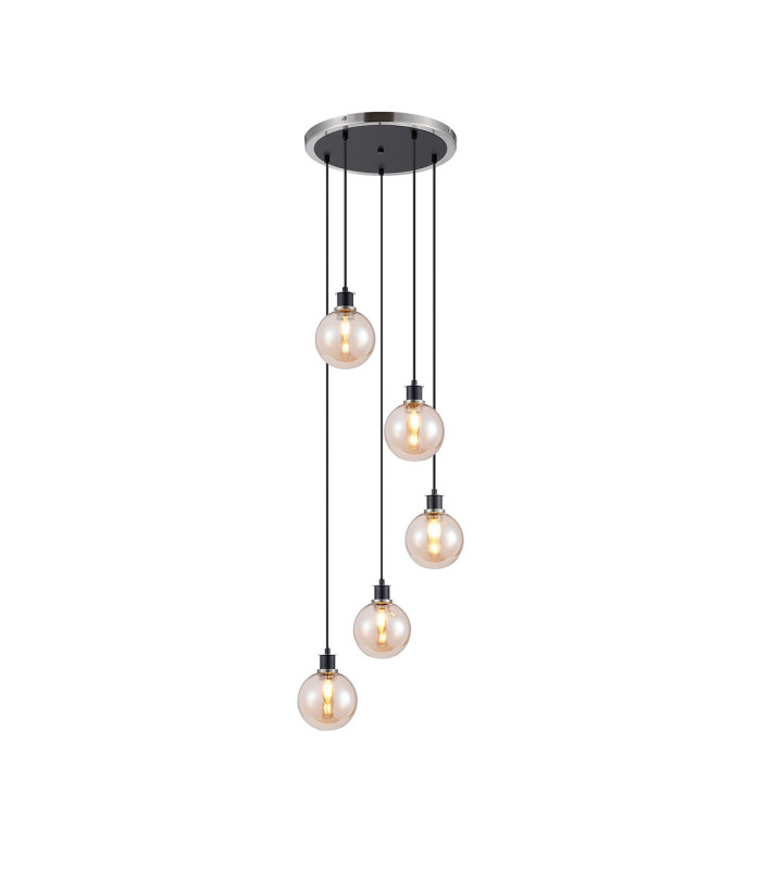Placid 48cm Round Pendant 5 Light E14 15cm Round Glass Shade Satin Nickel Amber Plated & Satin Black-1