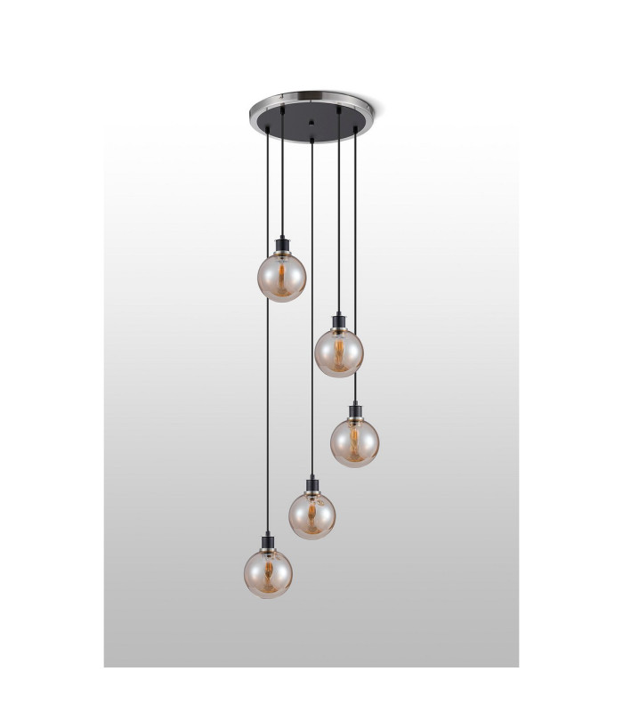 Placid 48cm Round Pendant 5 Light E14 15cm Round Glass Shade Satin Nickel Amber Plated & Satin Black-7