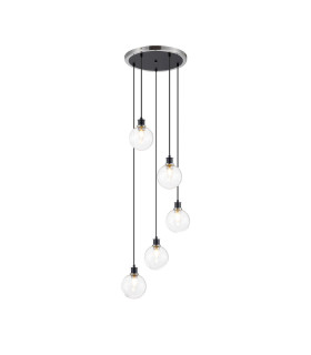 Placid 48cm Round Pendant 5 Light E14 15cm Round Glass Shade Satin Nickel Clear & Satin Black-1