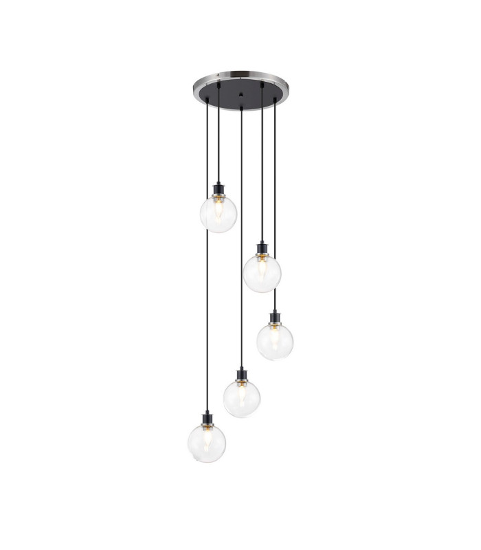 Placid 48cm Round Pendant 5 Light E14 15cm Round Glass Shade Satin Nickel Clear & Satin Black-1