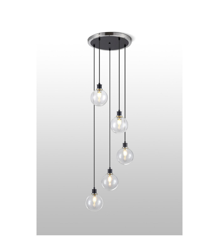 Placid 48cm Round Pendant 5 Light E14 15cm Round Glass Shade Satin Nickel Clear & Satin Black-3
