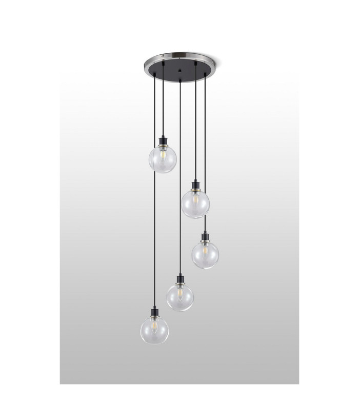 Placid 48cm Round Pendant 5 Light E14 15cm Round Glass Shade Satin Nickel Clear & Satin Black-8