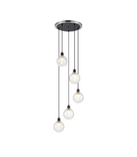 Placid 48cm Round Pendant 5 Light E14 15cm Round Crackled Glass Shade Satin Nickel Clear & Satin Black-1