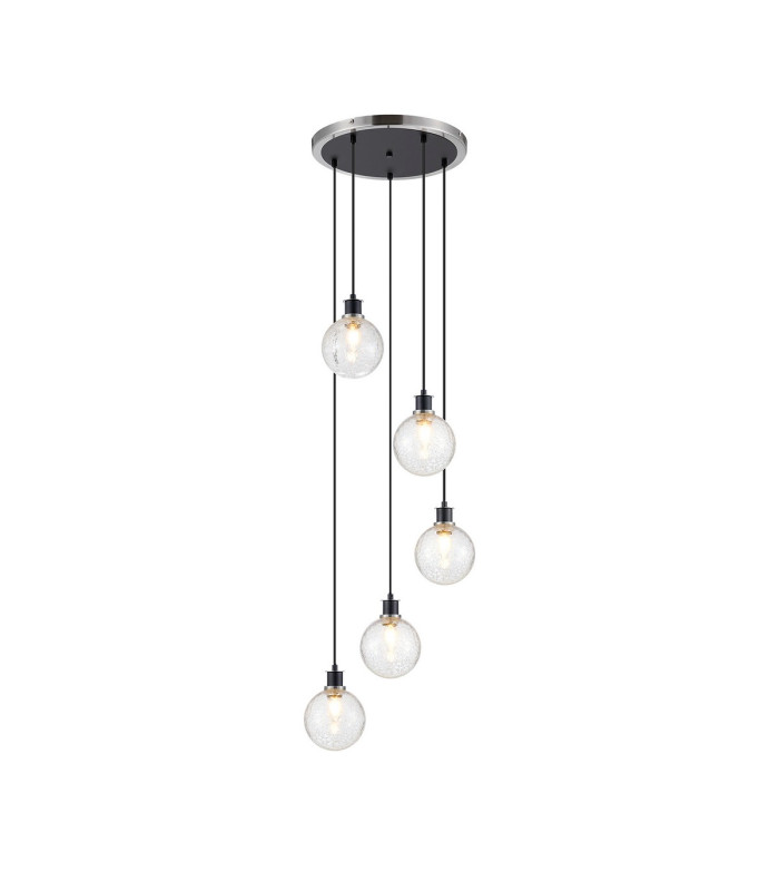 Placid 48cm Round Pendant 5 Light E14 15cm Round Crackled Glass Shade Satin Nickel Clear & Satin Black-1
