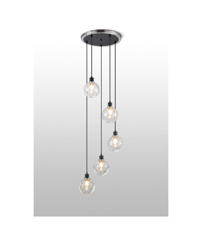 Placid 48cm Round Pendant 5 Light E14 15cm Round Crackled Glass Shade Satin Nickel Clear & Satin Black-3