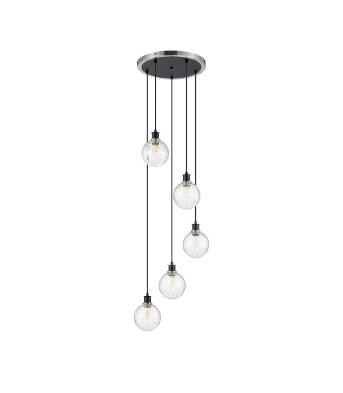 Placid 48cm Round Pendant 5 Light E14 15cm Round Crackled Glass Shade Satin Nickel Clear & Satin Black-4