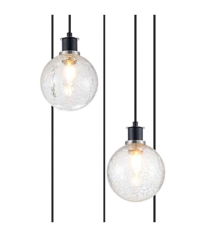 Placid 48cm Round Pendant 5 Light E14 15cm Round Crackled Glass Shade Satin Nickel Clear & Satin Black-6
