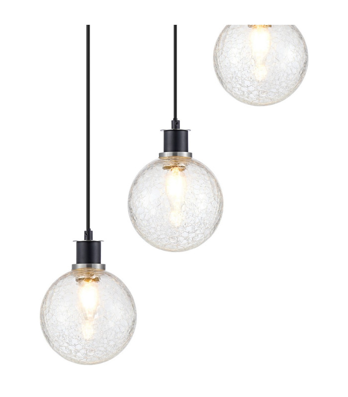 Placid 48cm Round Pendant 5 Light E14 15cm Round Crackled Glass Shade Satin Nickel Clear & Satin Black-7
