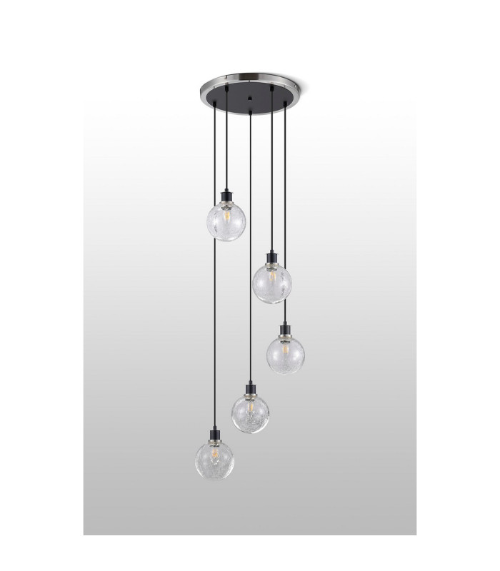 Placid 48cm Round Pendant 5 Light E14 15cm Round Crackled Glass Shade Satin Nickel Clear & Satin Black-8