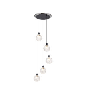 Placid 48cm Round Pendant 5 Light E14 15cm Round Textured Crumple Glass Shade Satin Nickel Clear & Satin Black-1