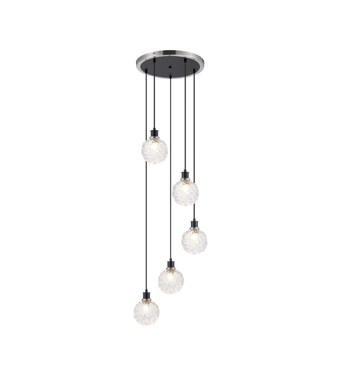 Placid 48cm Round Pendant 5 Light E14 15cm Round Textured Crumple Glass Shade Satin Nickel Clear & Satin Black-1