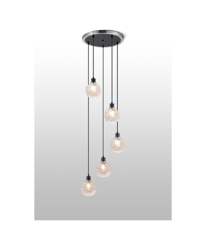 Placid 48cm Round Pendant 5 Light E14 15cm Round Textured Crumple Glass Shade Satin Nickel Clear & Satin Black-3