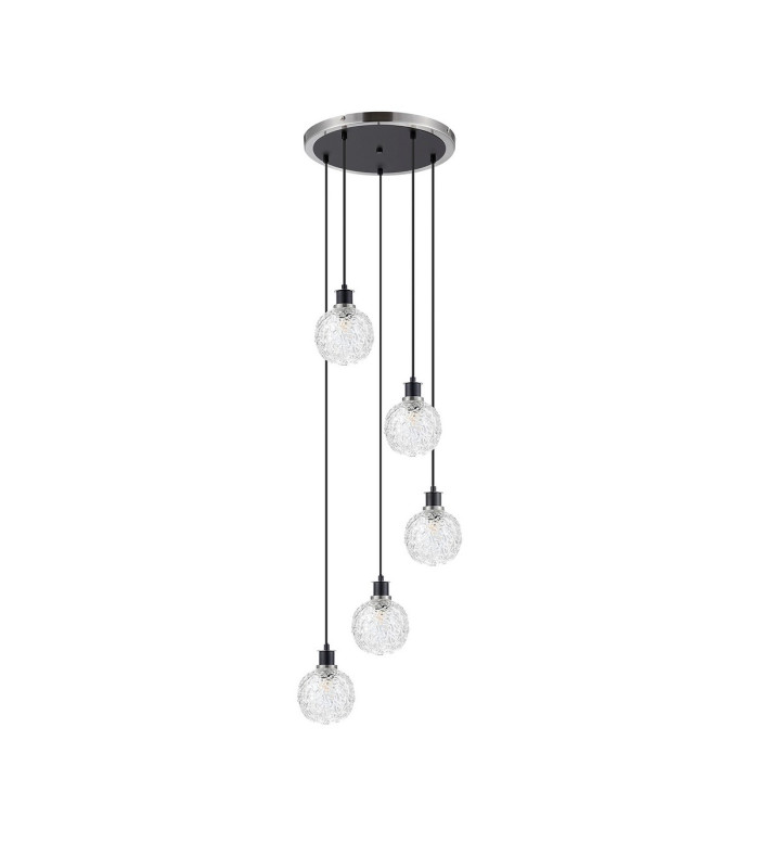 Placid 48cm Round Pendant 5 Light E14 15cm Round Textured Crumple Glass Shade Satin Nickel Clear & Satin Black-4