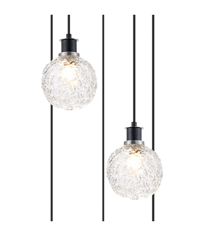 Placid 48cm Round Pendant 5 Light E14 15cm Round Textured Crumple Glass Shade Satin Nickel Clear & Satin Black-6