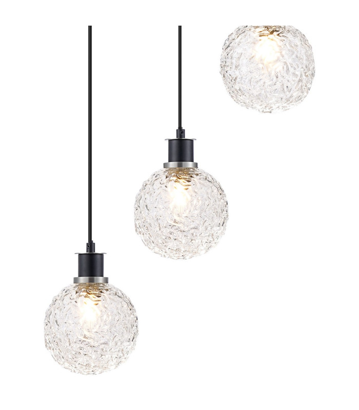Placid 48cm Round Pendant 5 Light E14 15cm Round Textured Crumple Glass Shade Satin Nickel Clear & Satin Black-7