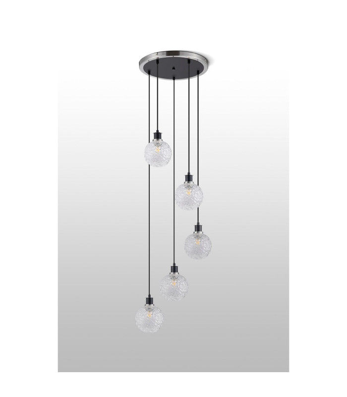 Placid 48cm Round Pendant 5 Light E14 15cm Round Textured Crumple Glass Shade Satin Nickel Clear & Satin Black-8