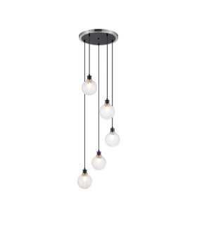 Placid 48cm Round Pendant 5 Light E14 15cm Round Textured Diamond Pattern Glass Shade Satin Nickel Clear & Satin Black-1
