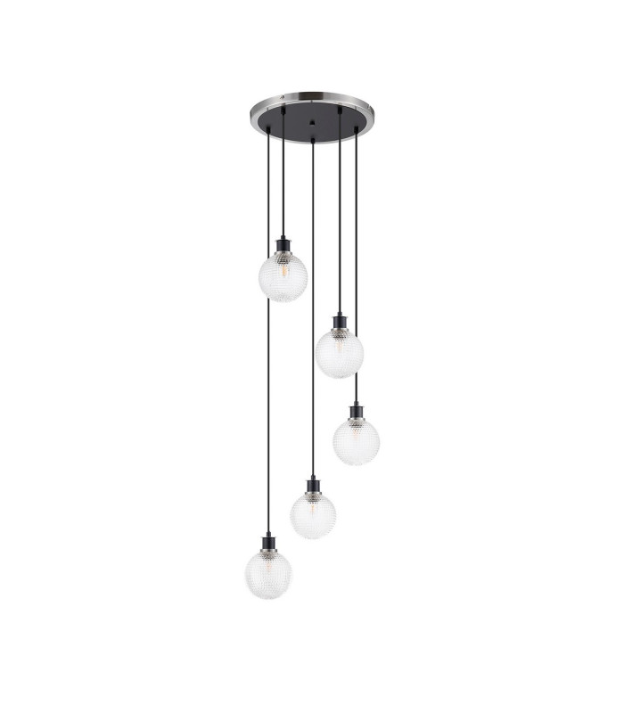 Placid 48cm Round Pendant 5 Light E14 15cm Round Textured Diamond Pattern Glass Shade Satin Nickel Clear & Satin Black-4