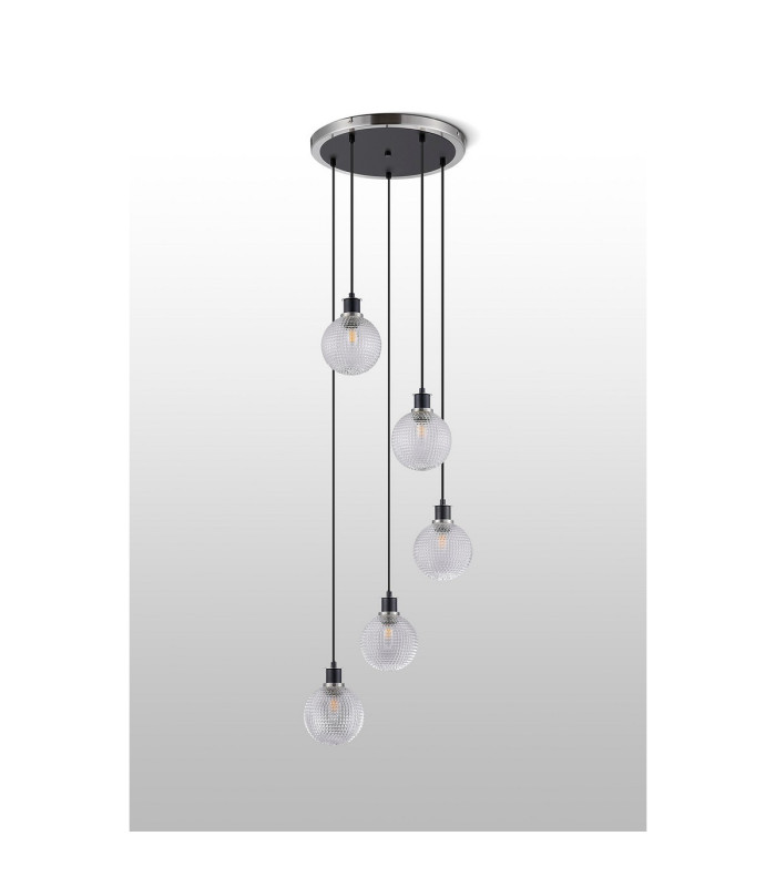 Placid 48cm Round Pendant 5 Light E14 15cm Round Textured Diamond Pattern Glass Shade Satin Nickel Clear & Satin Black-8
