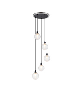 Placid 48cm Round Pendant 5 Light E14 15cm Round Dimpled Glass Shade Satin Nickel Clear & Satin Black-1