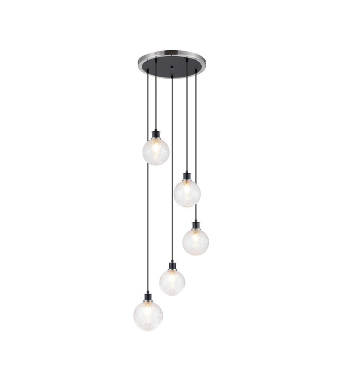 Placid 48cm Round Pendant 5 Light E14 15cm Round Dimpled Glass Shade Satin Nickel Clear & Satin Black-1