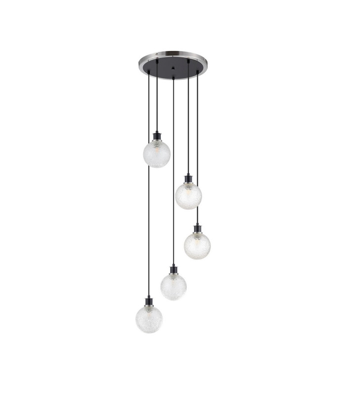 Placid 48cm Round Pendant 5 Light E14 15cm Round Dimpled Glass Shade Satin Nickel Clear & Satin Black-3
