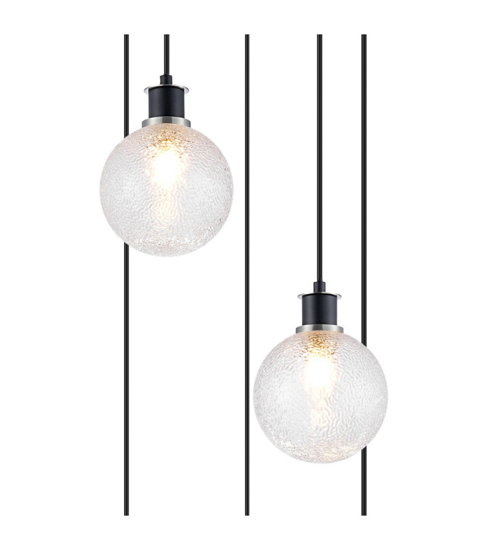 Placid 48cm Round Pendant 5 Light E14 15cm Round Dimpled Glass Shade Satin Nickel Clear & Satin Black-5