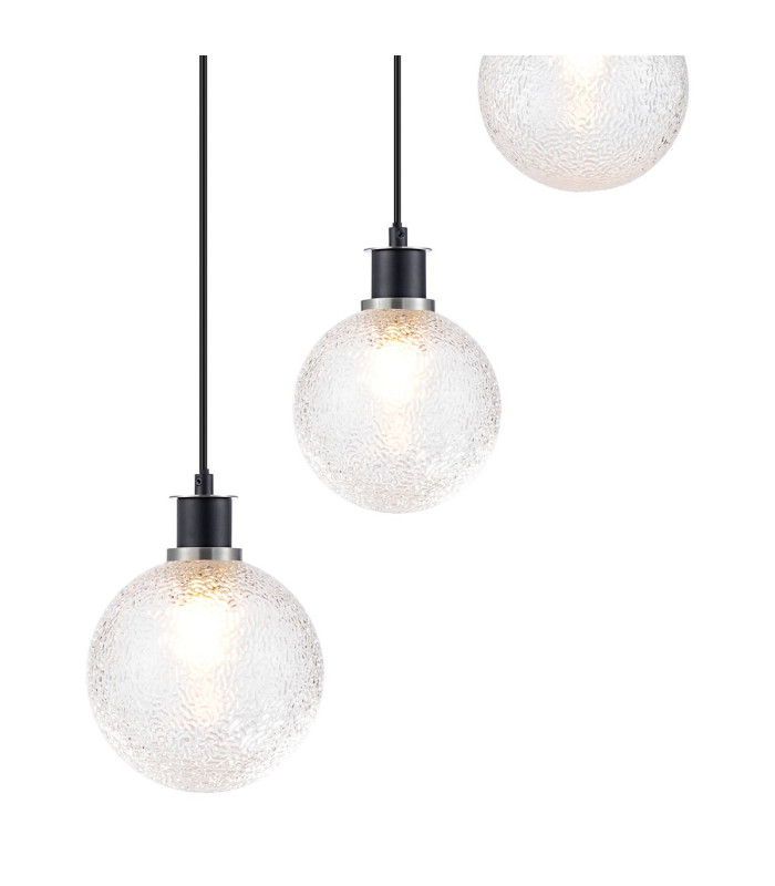 Placid 48cm Round Pendant 5 Light E14 15cm Round Dimpled Glass Shade Satin Nickel Clear & Satin Black-6