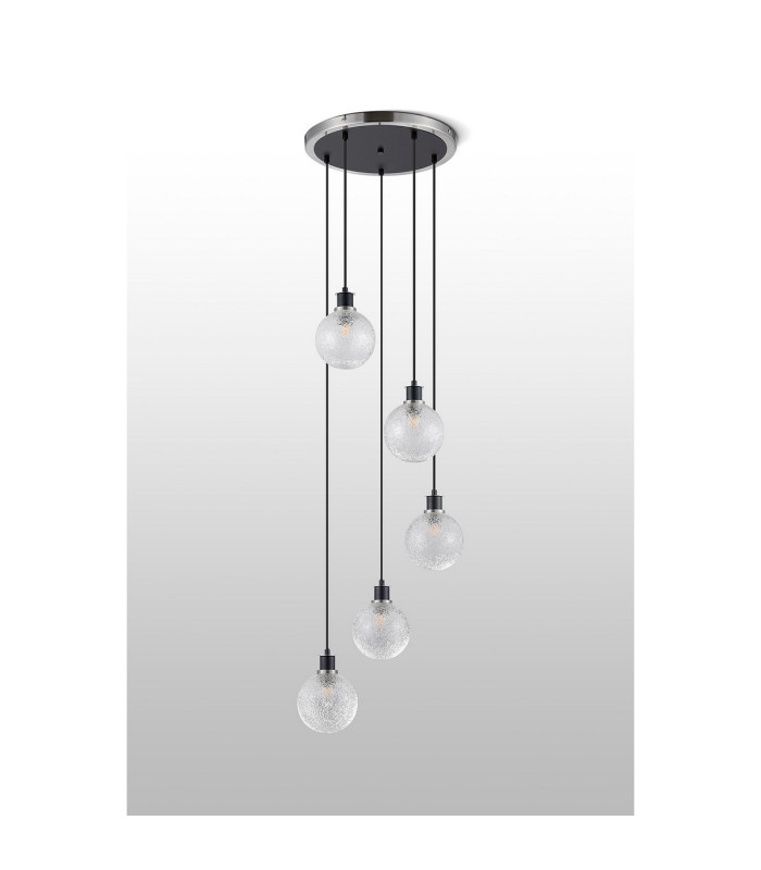 Placid 48cm Round Pendant 5 Light E14 15cm Round Dimpled Glass Shade Satin Nickel Clear & Satin Black-7